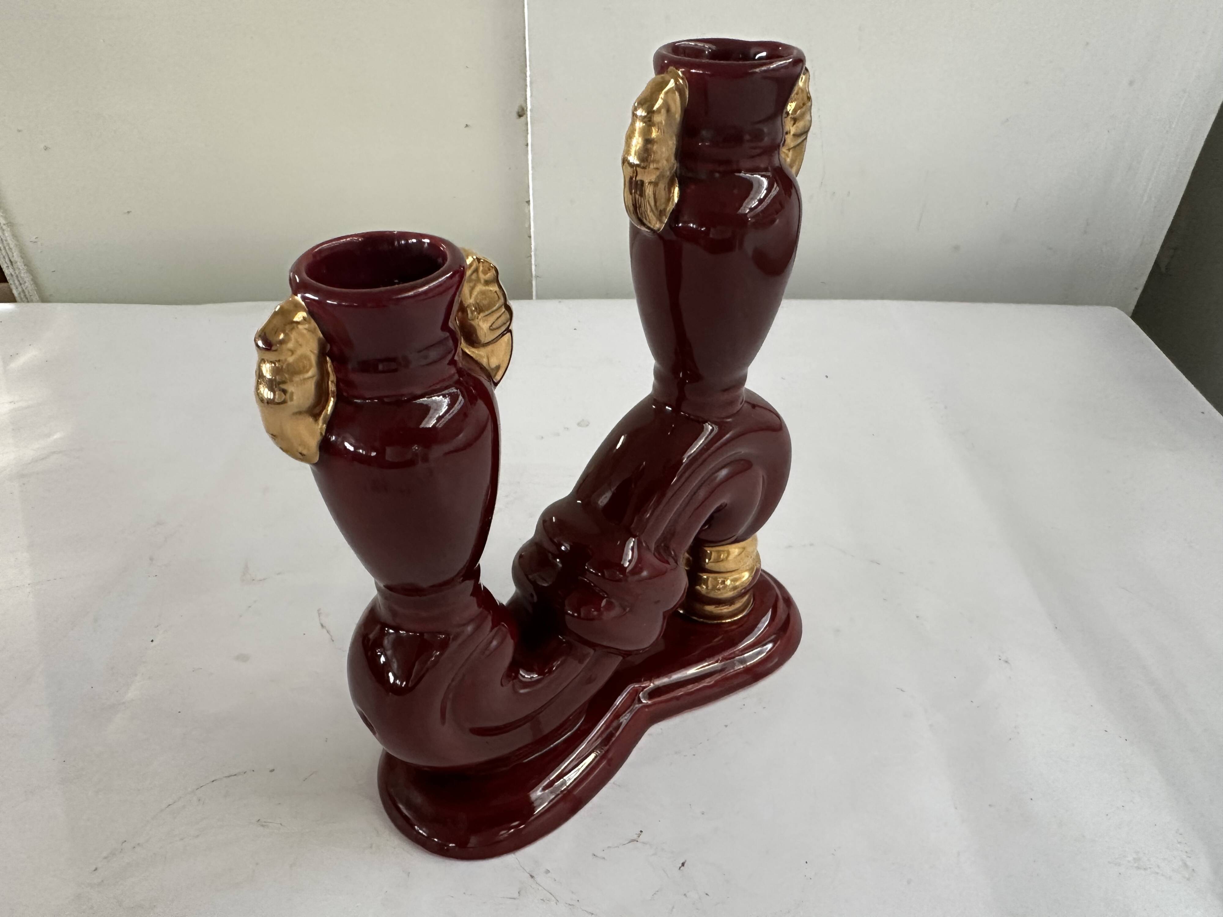Bordeaux and Gold glazed earthenware candlestick attributed to Vallauris, 1950s