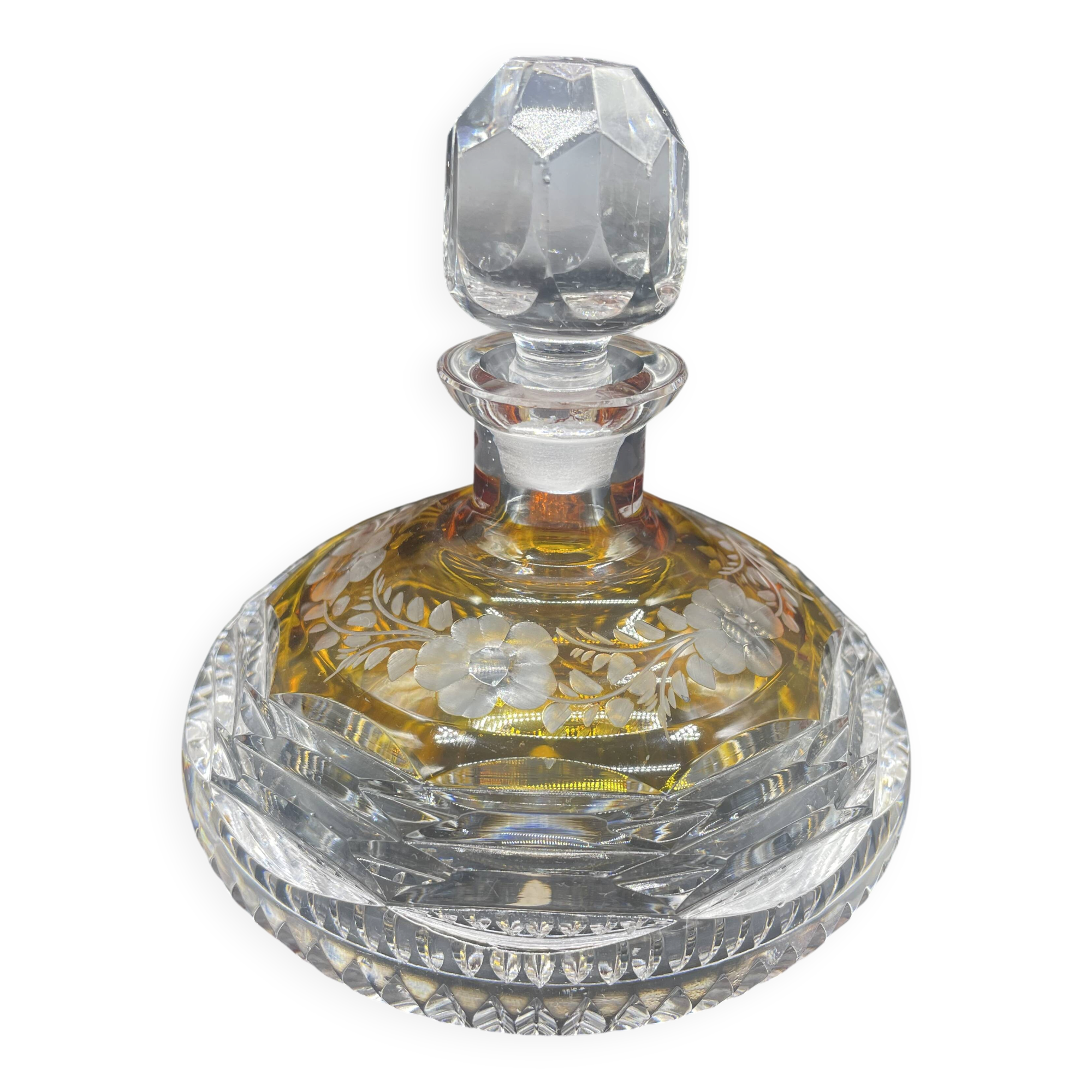 Bohemian crystal bottle, cut and engraved – Frosted floral decoration
