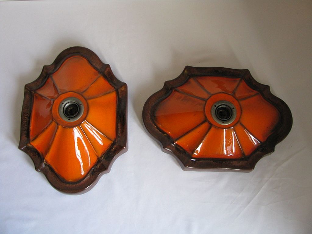 Ensemble de 2 lampes allemandes orange de mur en céramique de la lave de la 1960 / 70s