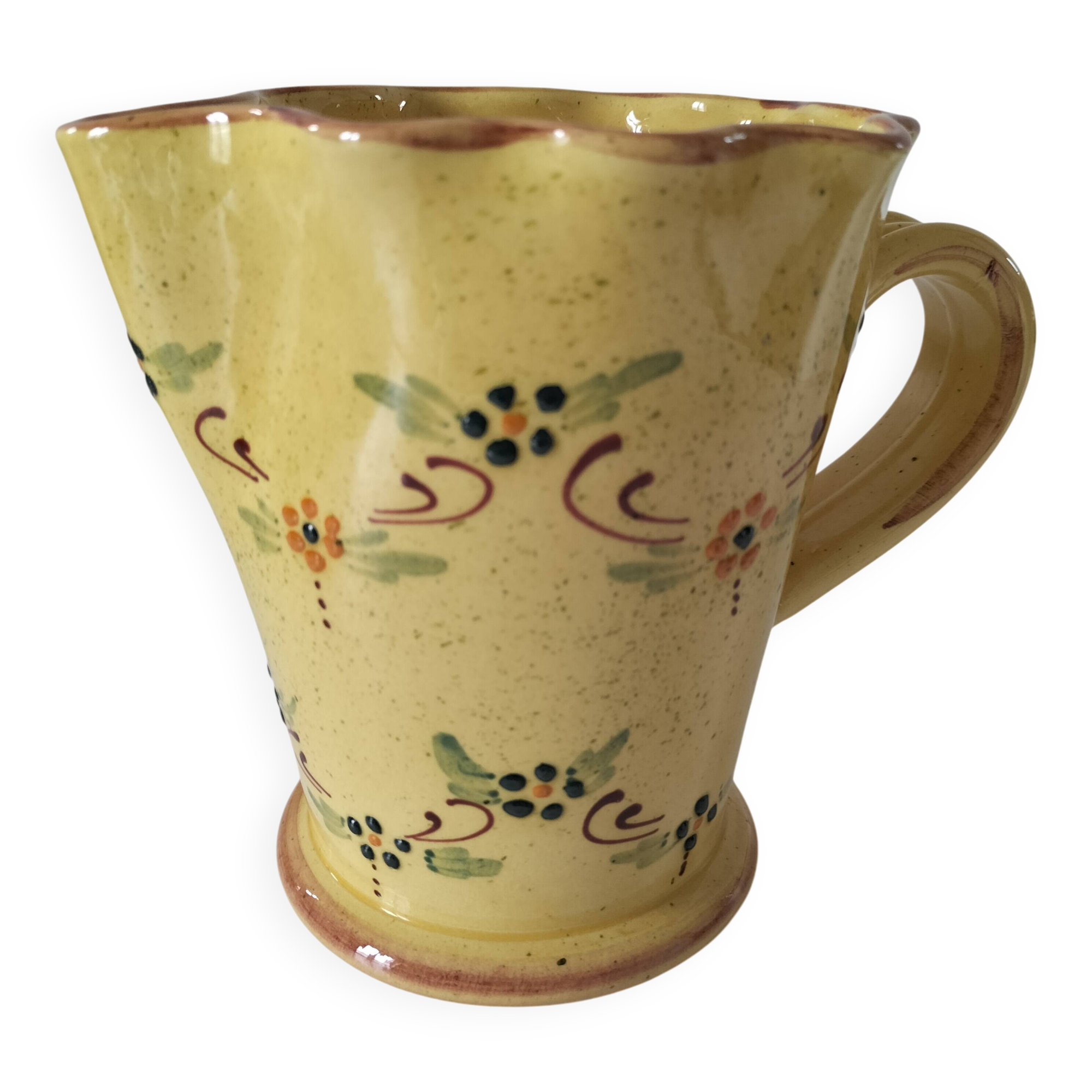 JP Daniel handmade earthenware pitcher – floral decoration on a yellow background