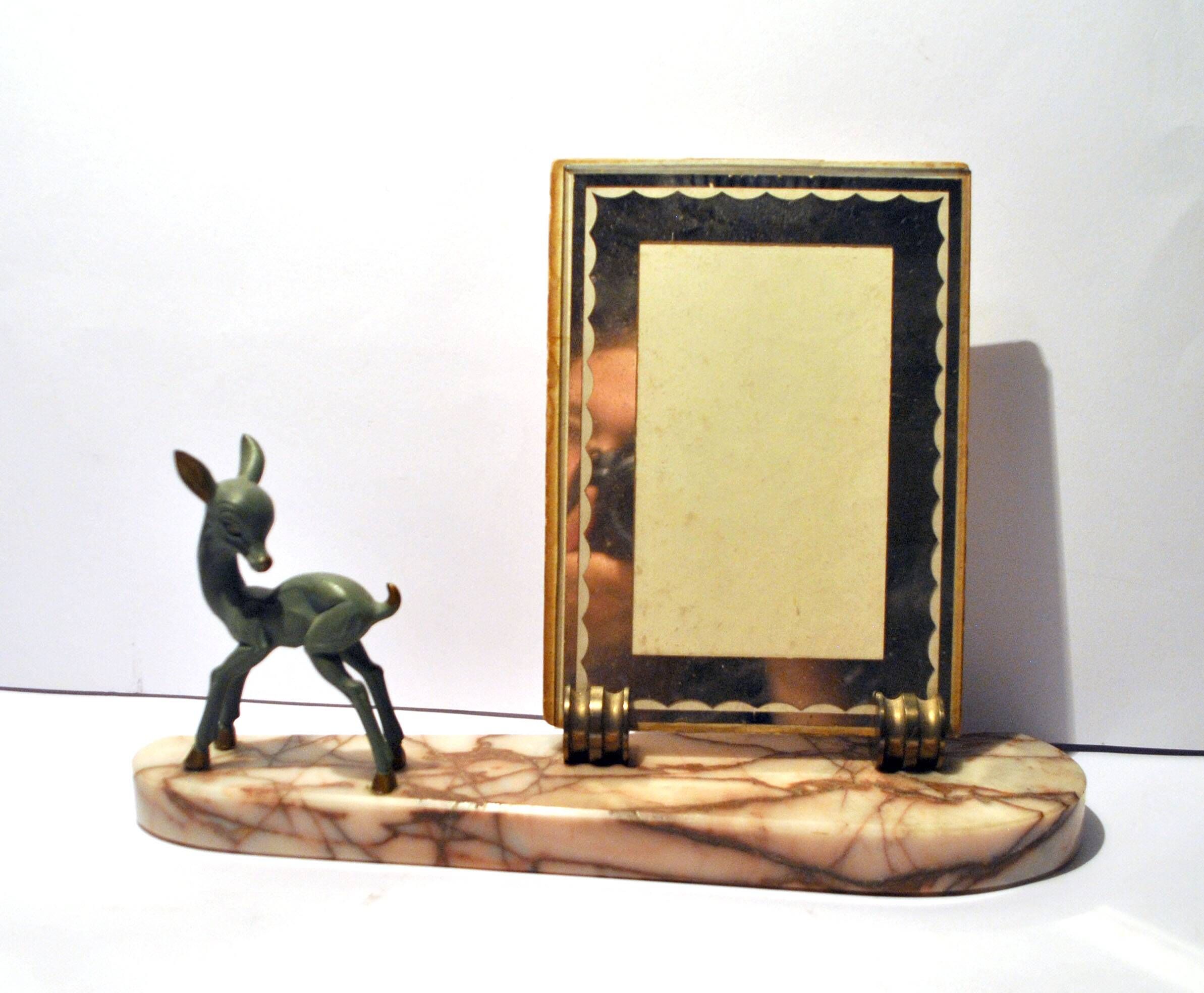 Art Deco Photo Frame Bambi Bronze Statuette and Mirror Glass 1940