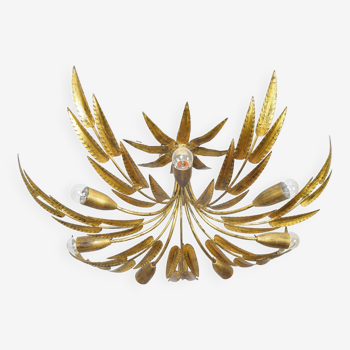 Hollywood Regency Chandelier Flush Mount Sun Leaves Gold Leaf  Ferroarte Spain