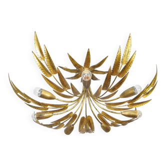 Hollywood Regency Chandelier Flush Mount Sun Leaves Gold Leaf  Ferroarte Spain