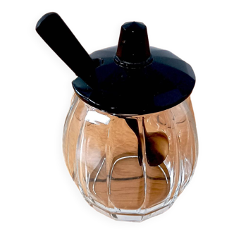 Authentique et ancien moutardier en cristal à facettes avec cuillère modèle art déco
