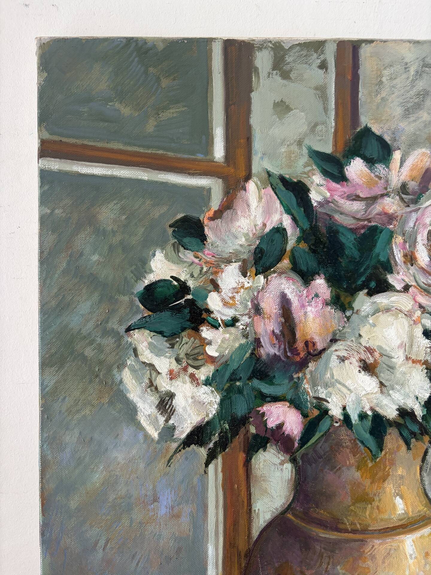 Bouquet in a gold vase, oil on canvas
