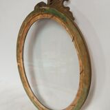 Cadre ovale ancien en bois et stucs + vitre ancienne verre soufflé - 27 x 21 cm