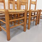 Suite of 6 vintage brutalist chairs in solid oak wood and straw from the 60s