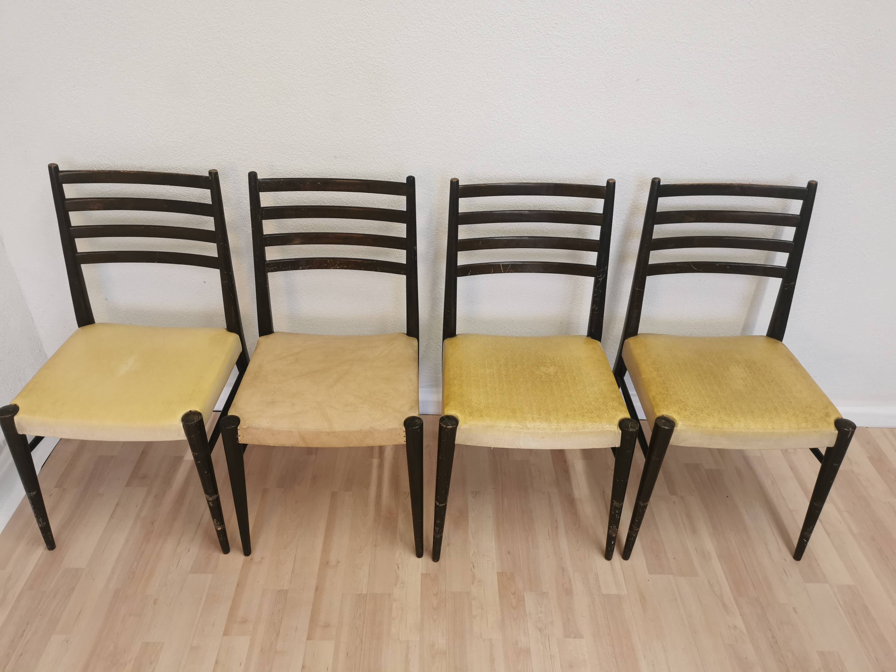 Set of 4 Vintage Wooden Dining Chairs: Beige Faux Leather, Mid-Century Retro
