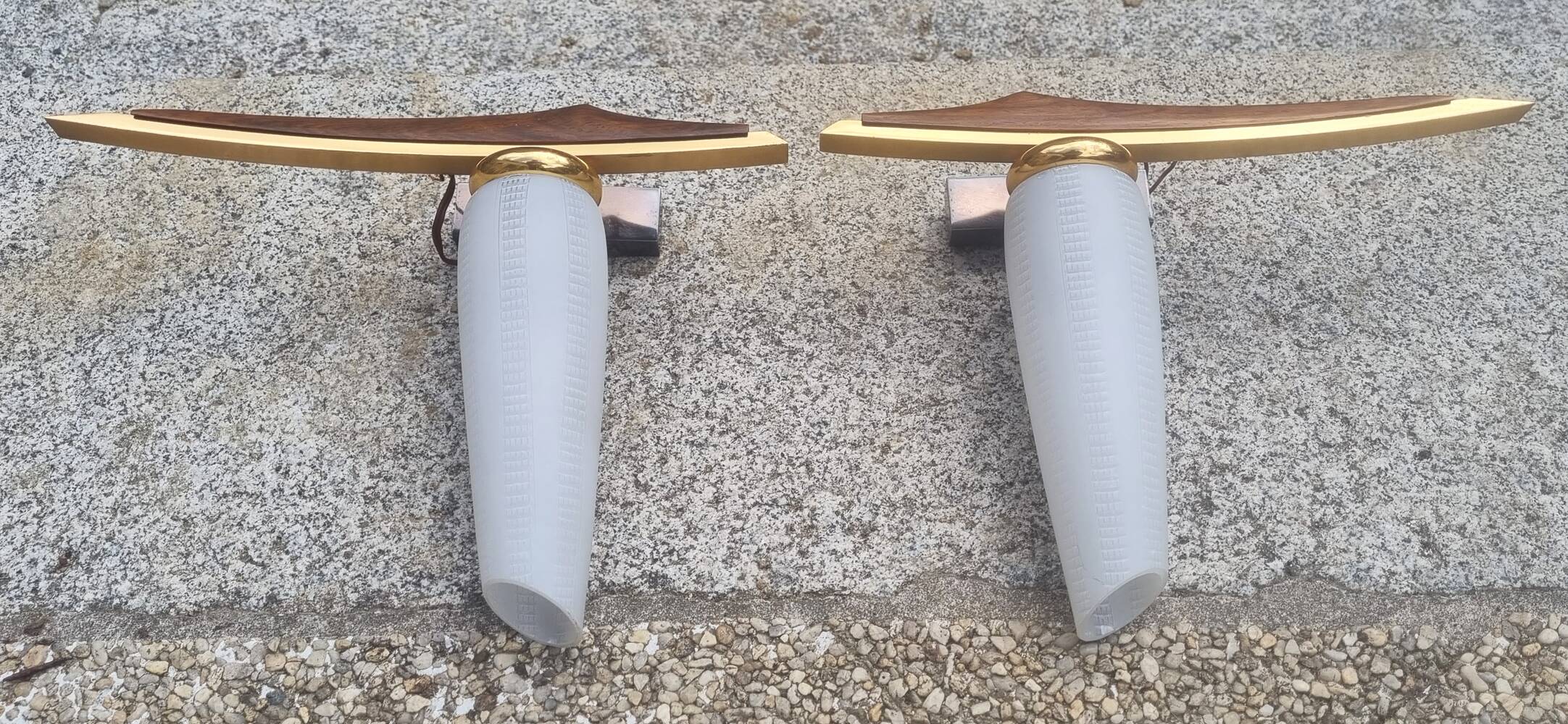 Pair of Scandinavian wall lights, teak, brass and opaline, vintage, 60s