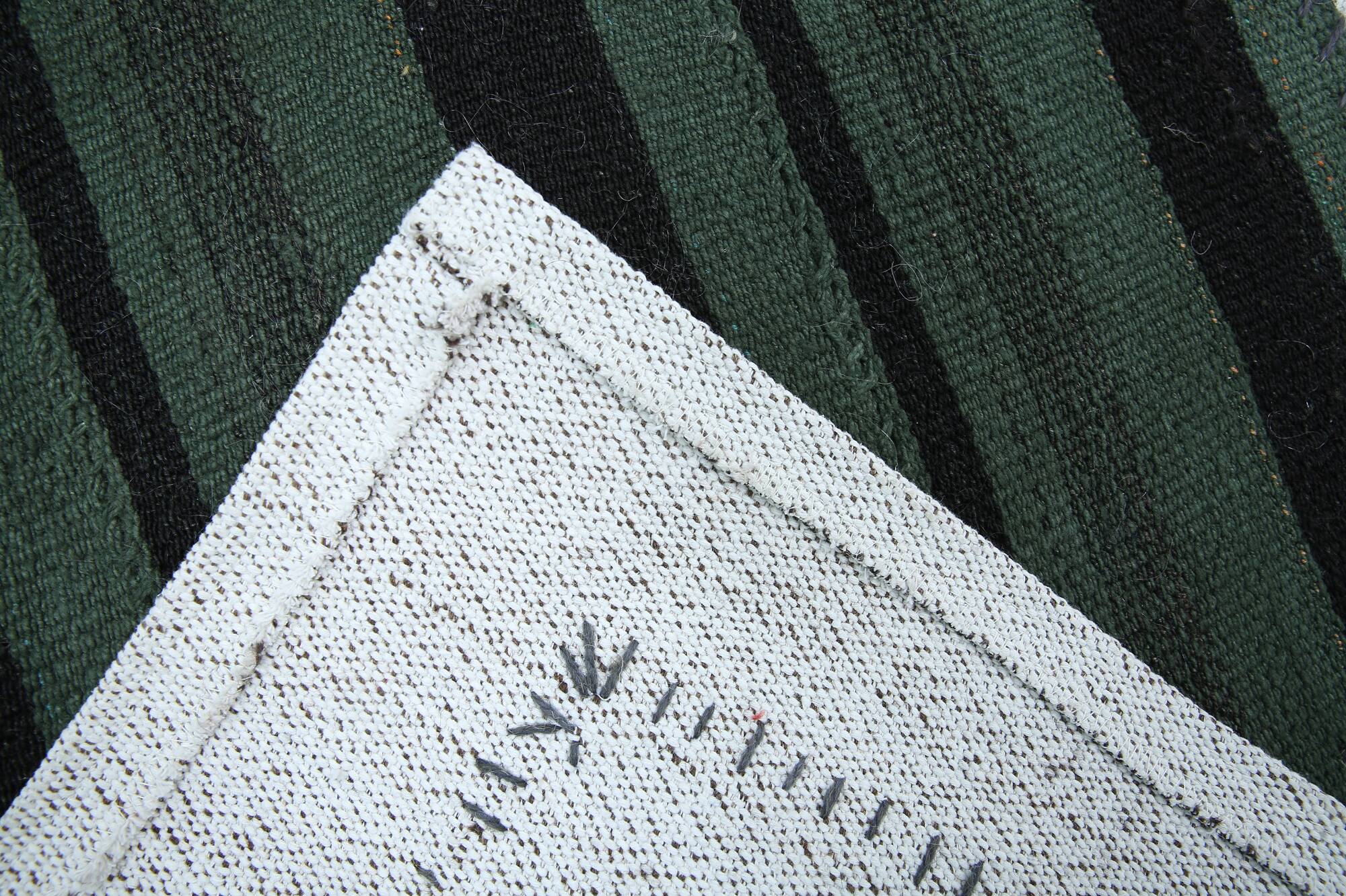 Turkish Green Black Striped Vintage Kilim Rug, 81x163Cm