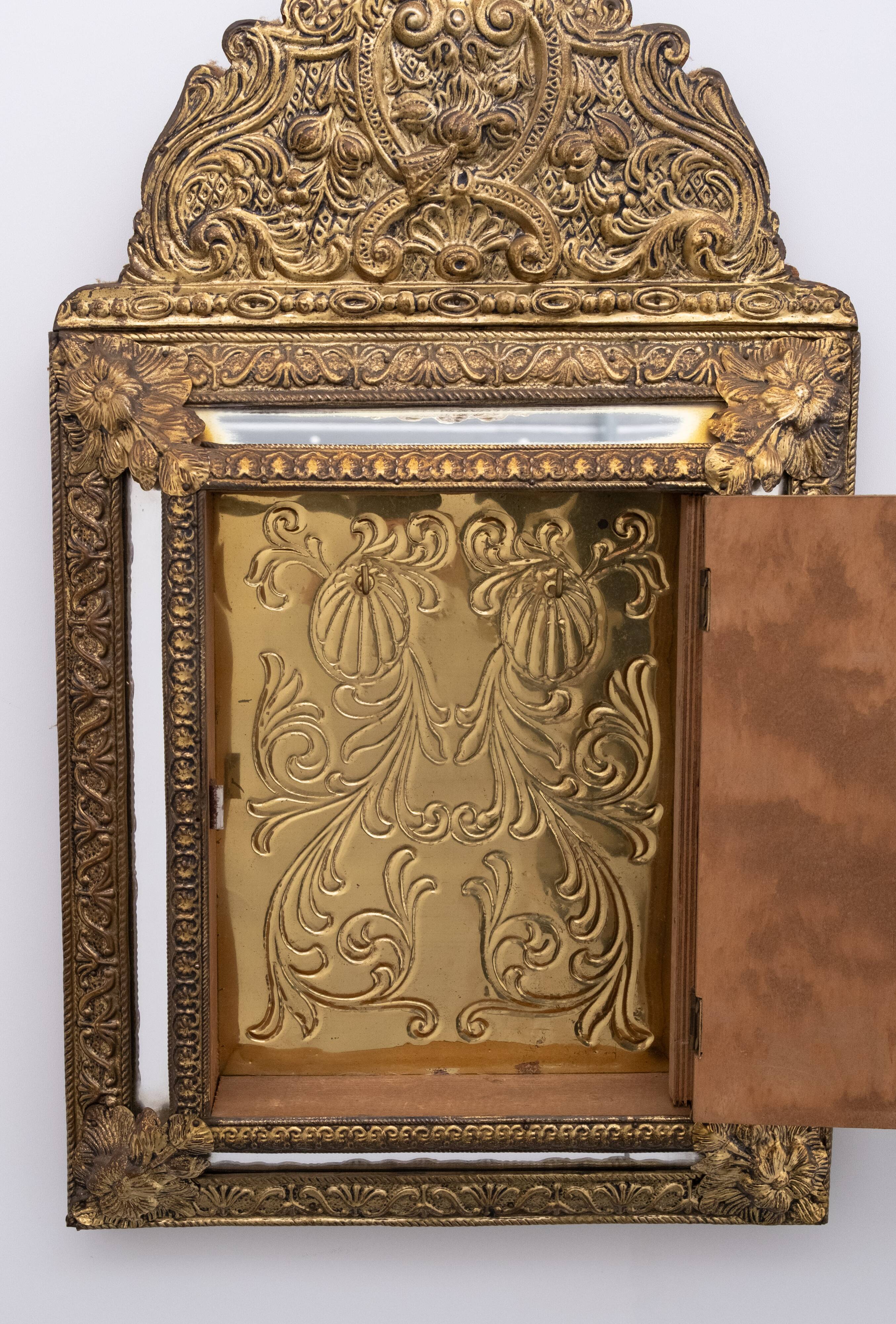 Antique Dutch Brass Ornate Repousse hanging Mirror Hall Cabinet