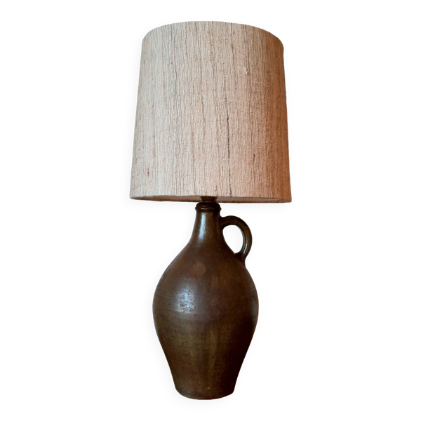 Lampe cruche poterie 1950 et abat-jour tissu style lin