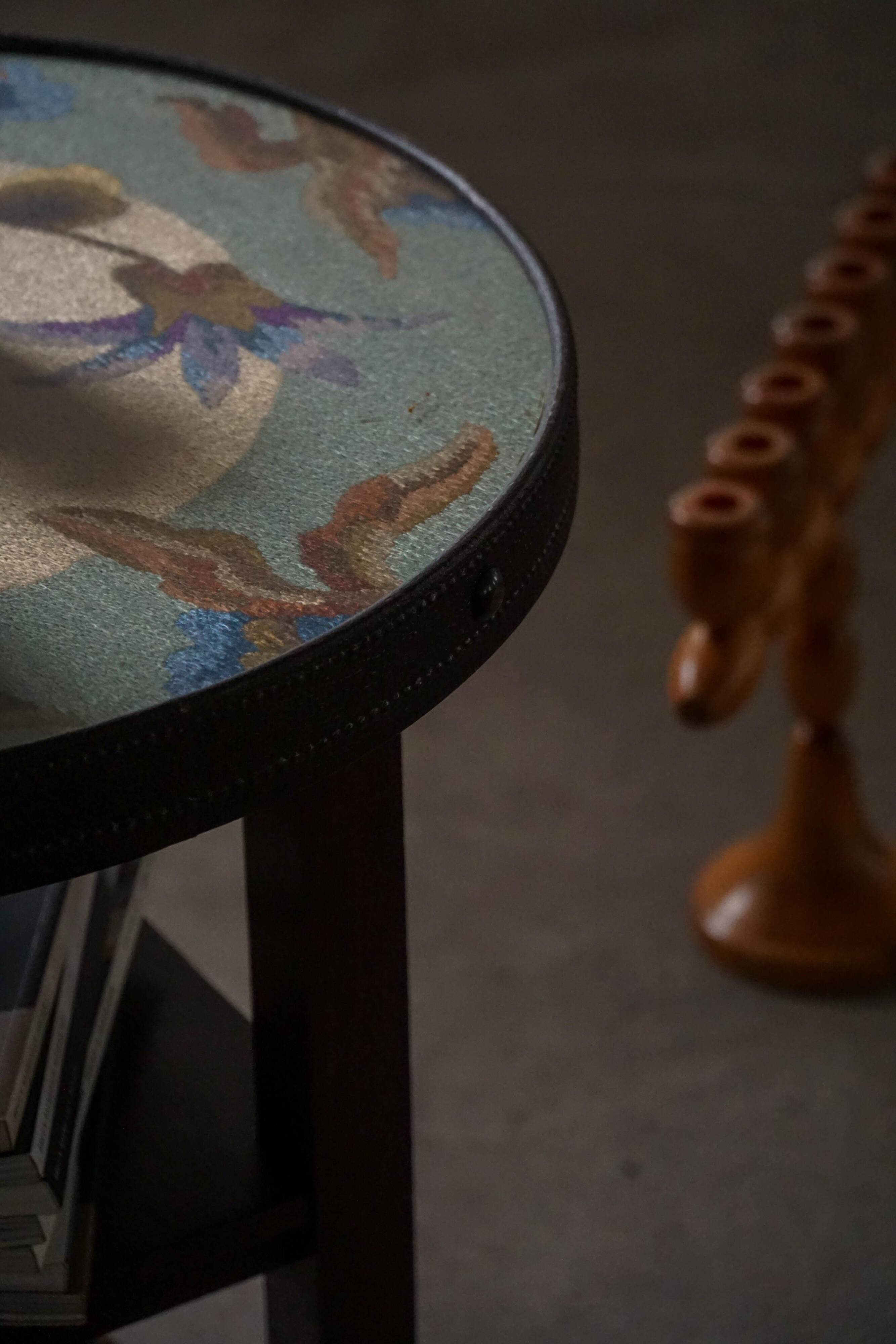 Art Nouveau, round side table with floral glass top, Danish cabinetmaker, 1920s