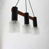Hanging lamp from teak, steel, and glass