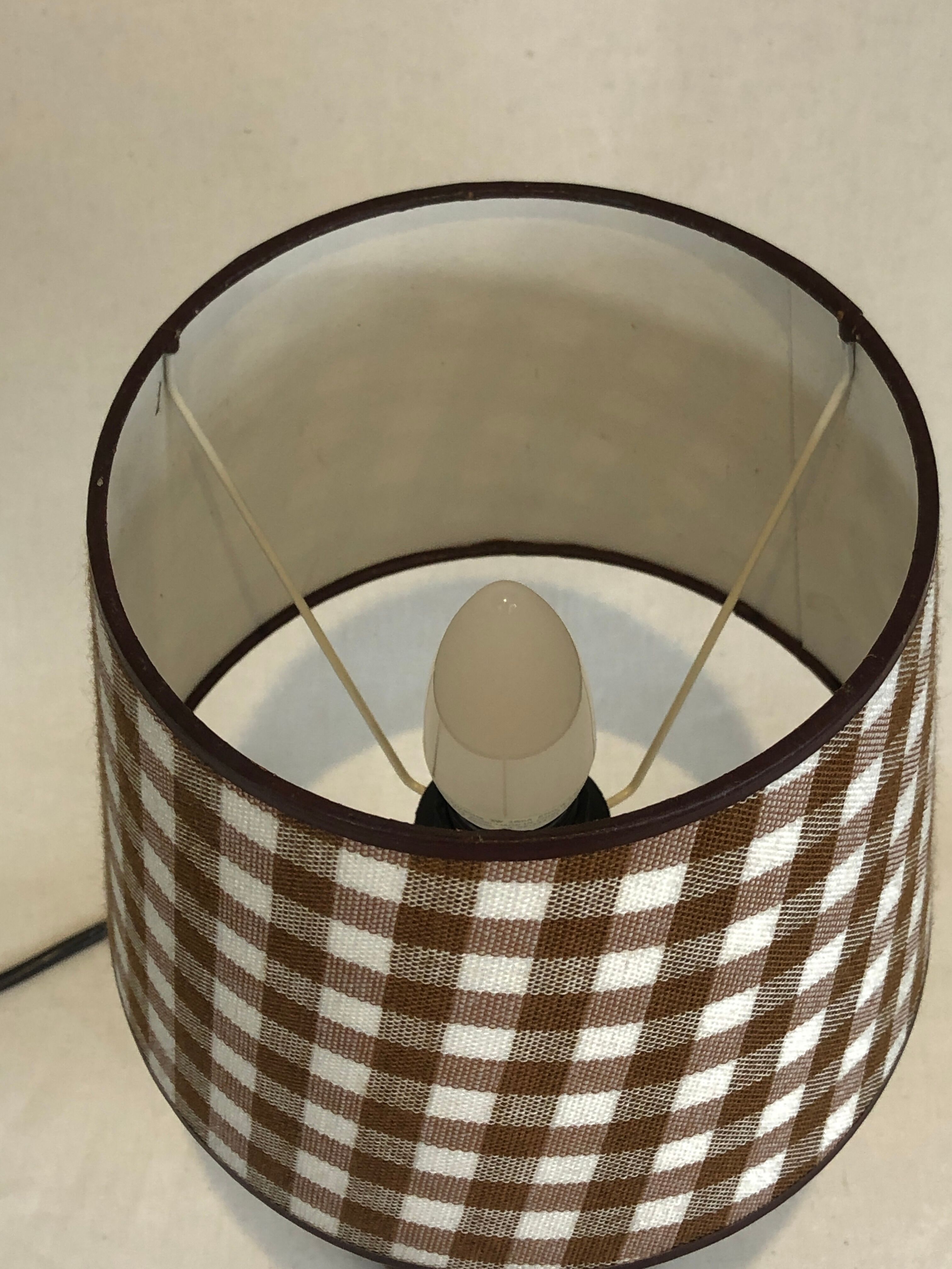 Wooden foot lamp brown tartan lampshade, cottage style