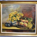 Jhane JONCHERY (19th~20th century) "Still life with flowers and fruits: peaches, grapes, plums"