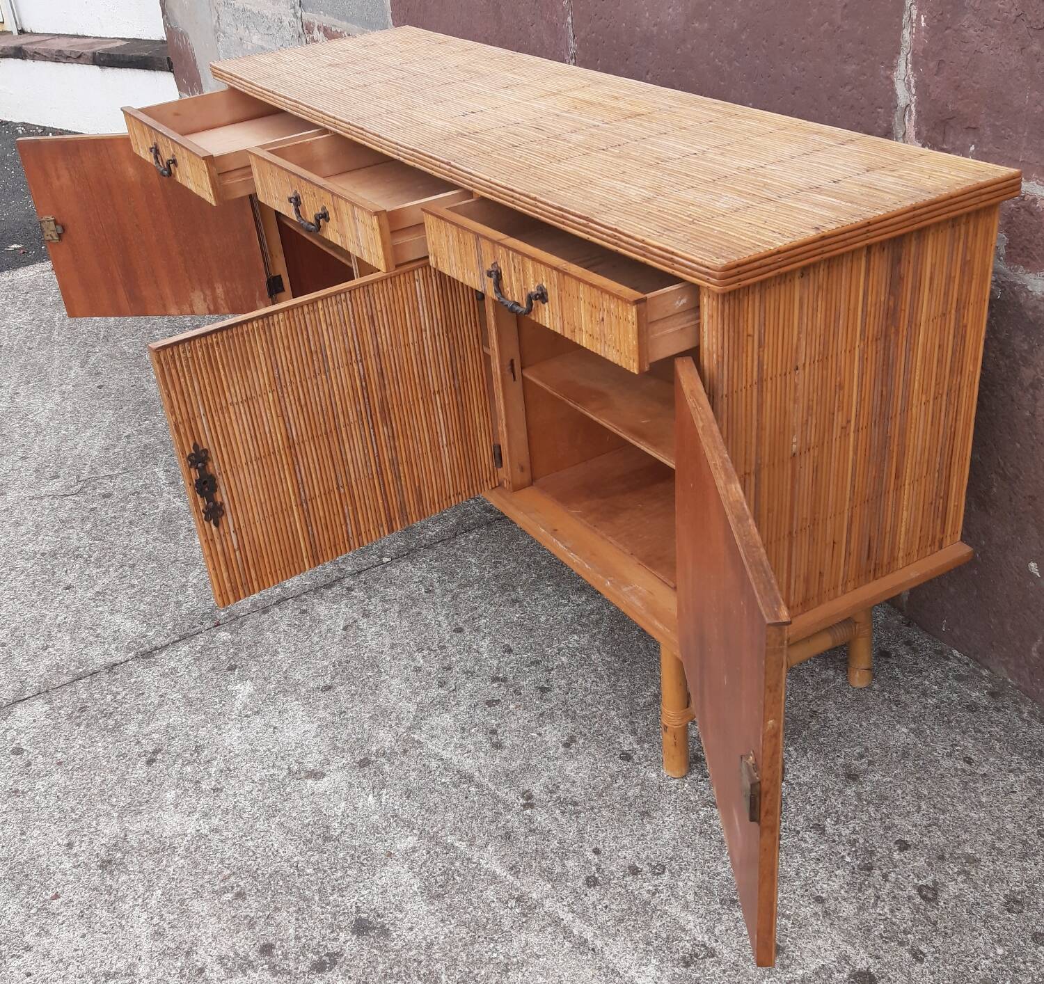 Console table in rattan and bamboo, (Attributed to Audoux-Minet)