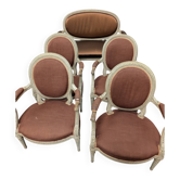 Salon ancien de style Louis XVI – Banquette corbeille et 4 fauteuils
