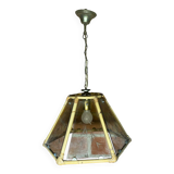 Antique Hexagonal Bamboo Rattan Pendant Light + Vintage Engraved Glass Plates