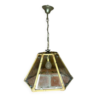 Antique Hexagonal Bamboo Rattan Pendant Light + Vintage Engraved Glass Plates