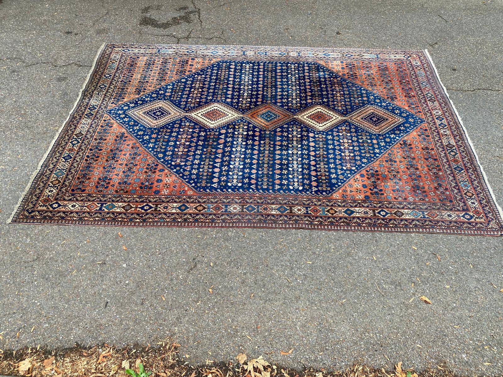 Handmade Yalameh Persian rug 200x300 indigo blue terracotta