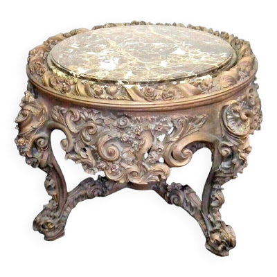 Table ronde sculptée en hêtre avec plateau en marbre Style Louis XV