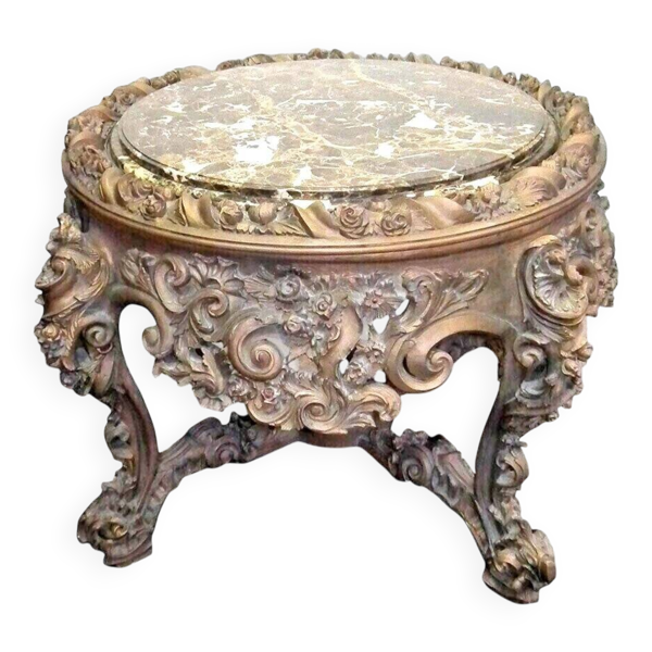 Table ronde sculptée en hêtre avec plateau en marbre Style Louis XV