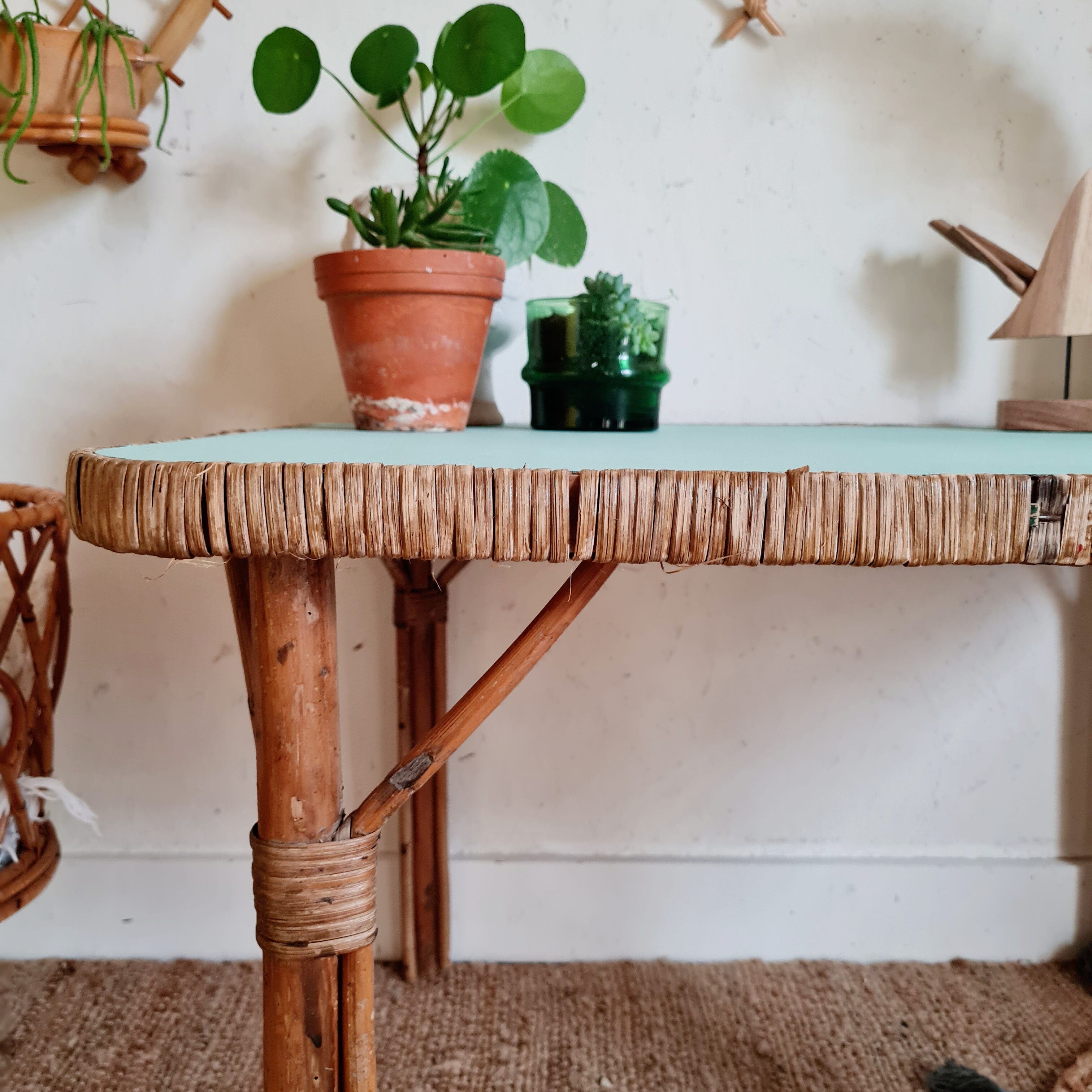 Rattan coffee table blue top