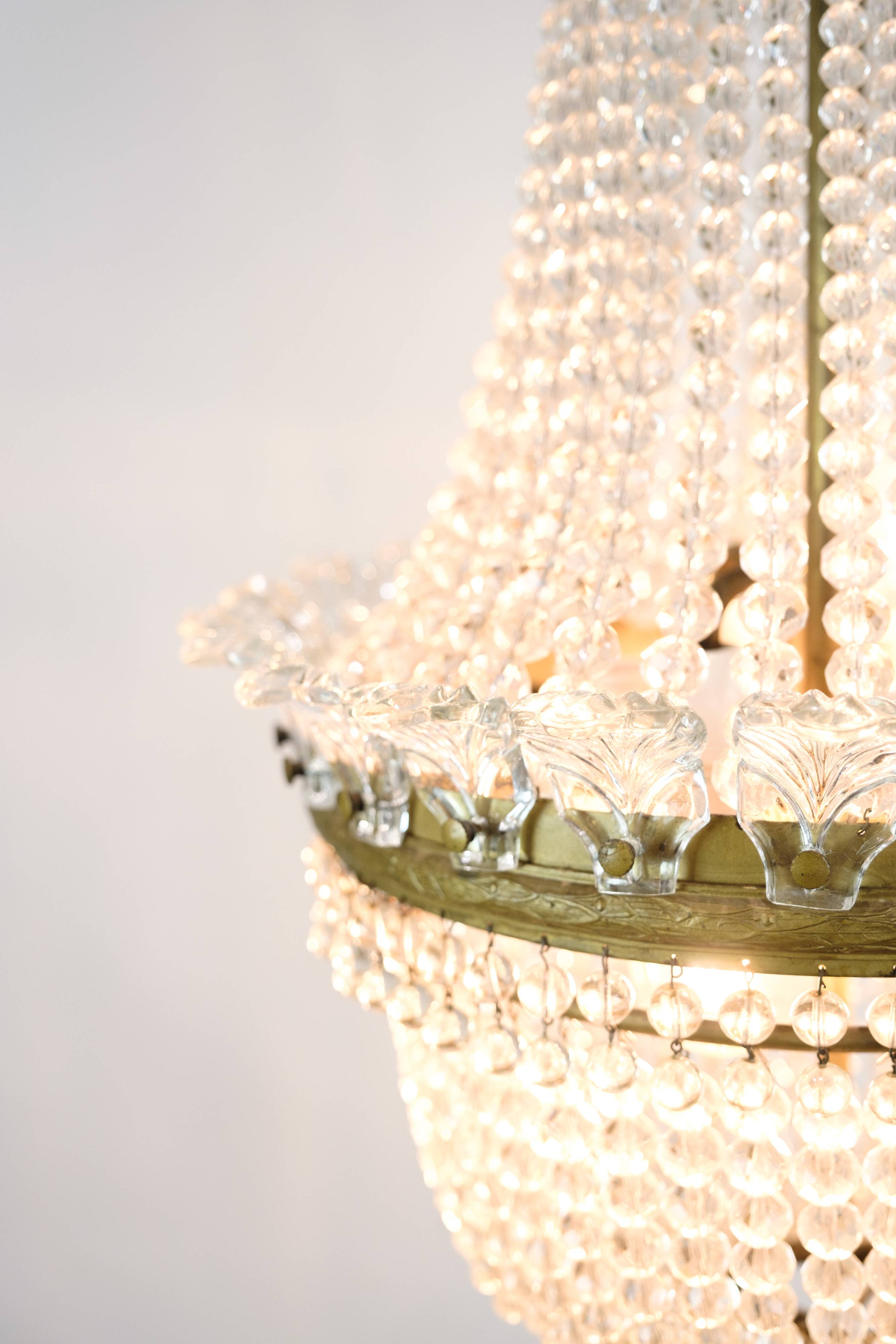 Antique Prism Chandelier Decorated In Brass, Bronze & Crystals From 1890s