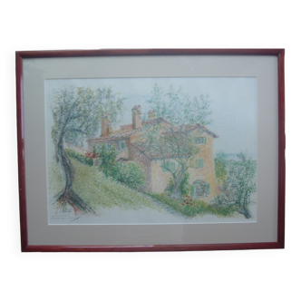 Lithograph le mas du soleil a grasse signed andré siramy 1993, alpes maritimes 06, color, frame