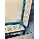 Stylish Modern Venetian Blue Mirror with Hand-Carved Murano Glass Frame