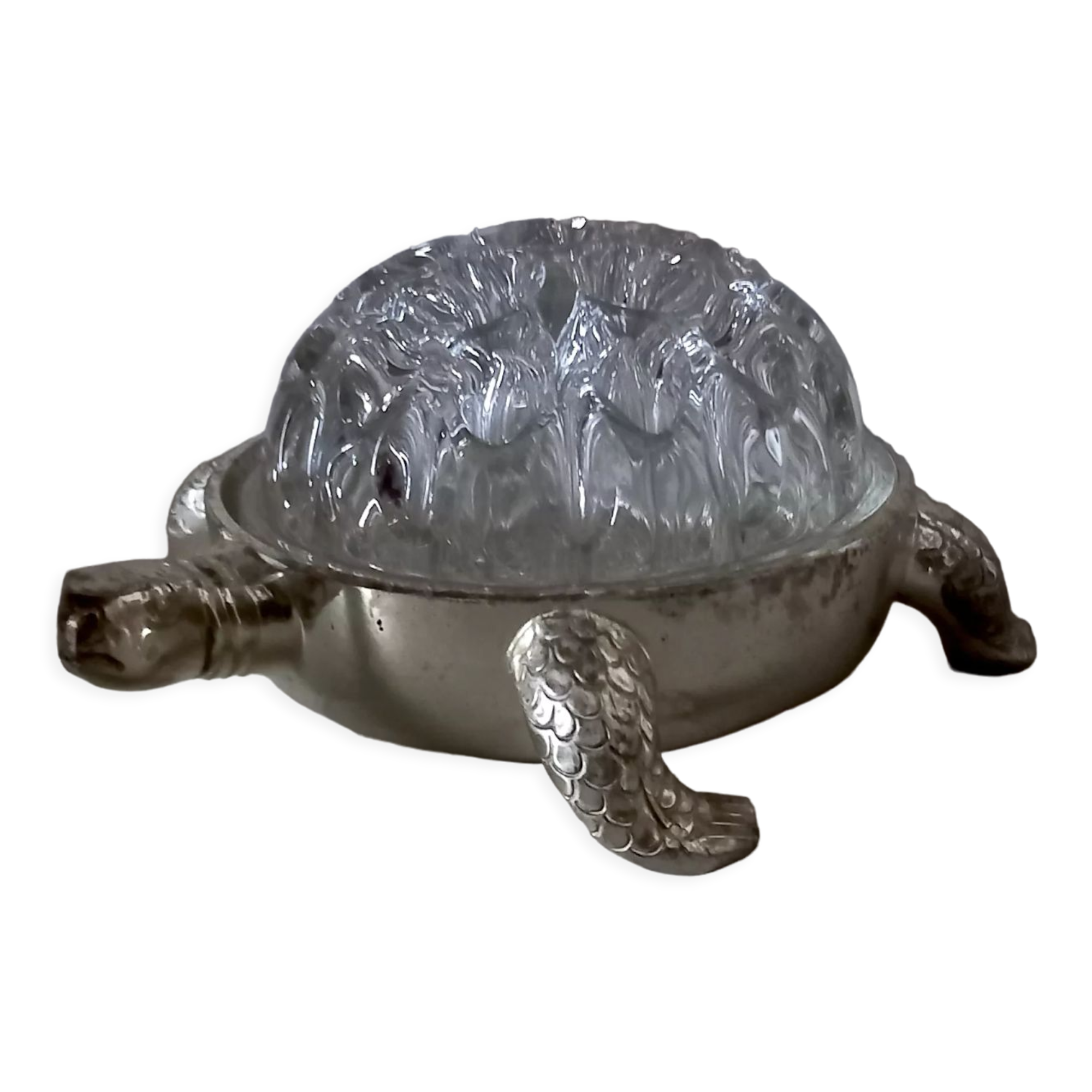 Pique-fleurs en verre de Reims 19 trous socle en métal argenté forme tortue
