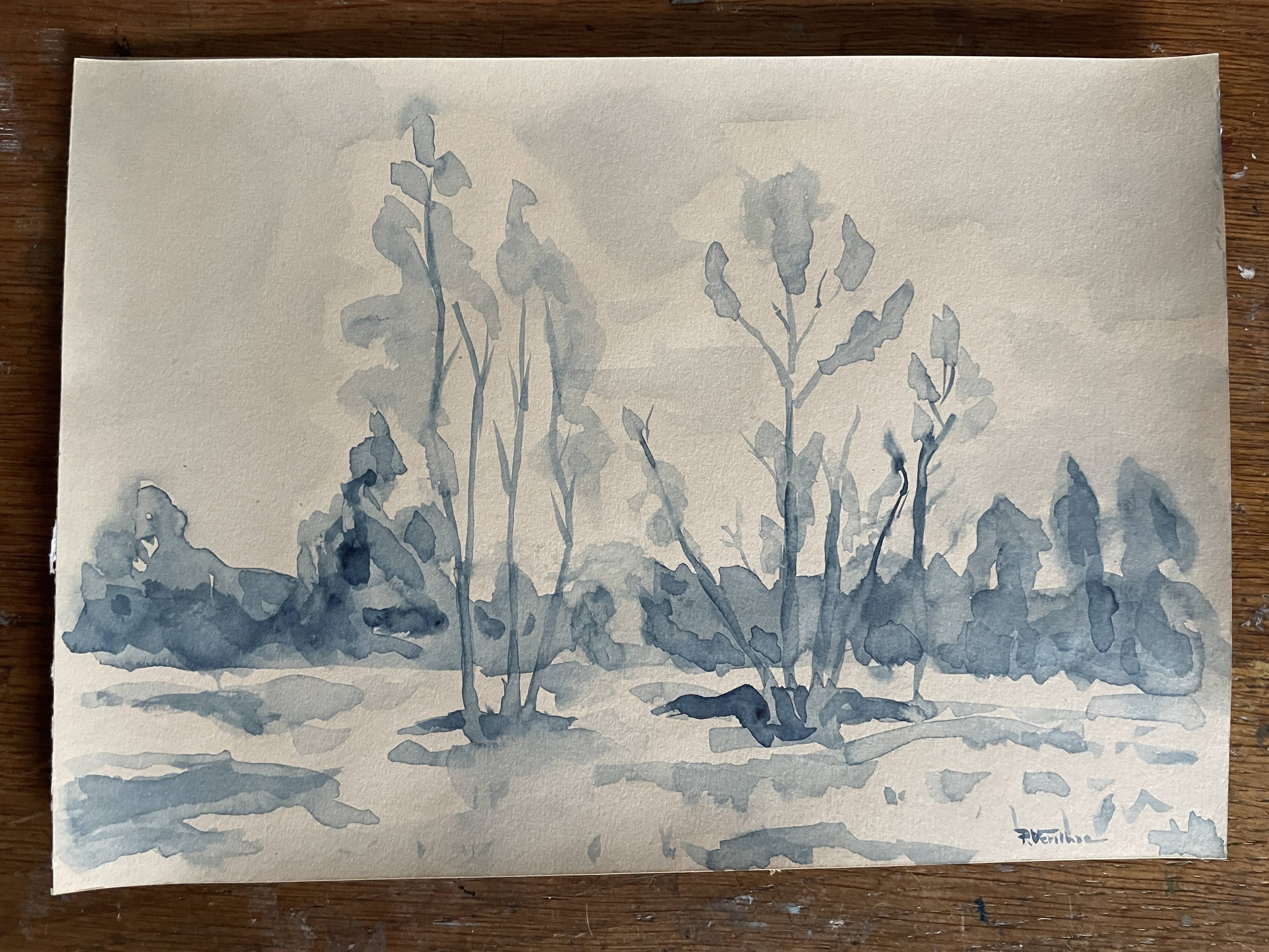 Tableau Aquarelle signé monochrome blue jeans « la forêt bleue »