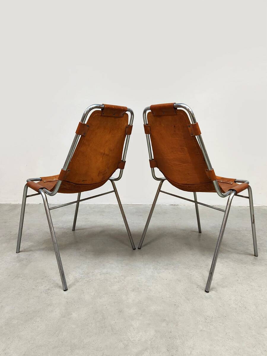 Vintage Italian design Les Arcs chairs camel leather Charlotte Perriand for Dal Vera 1970s