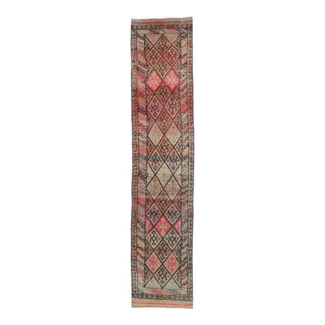 Vintage Turkish Oushak Handmade Wool Cotton Pink Runner Rug 78x376