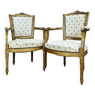 Pair of louis xvi style gilded wood armchairs, 19th century