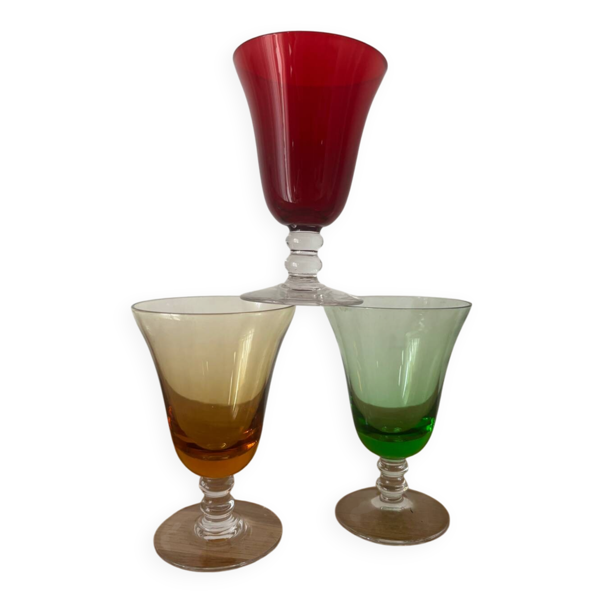 Vintage set of 3 coloured aperitif glasses