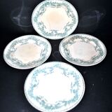 Onnaing Faïencerie set of 4 Coppelia plates with green floral decoration, iron earthenware