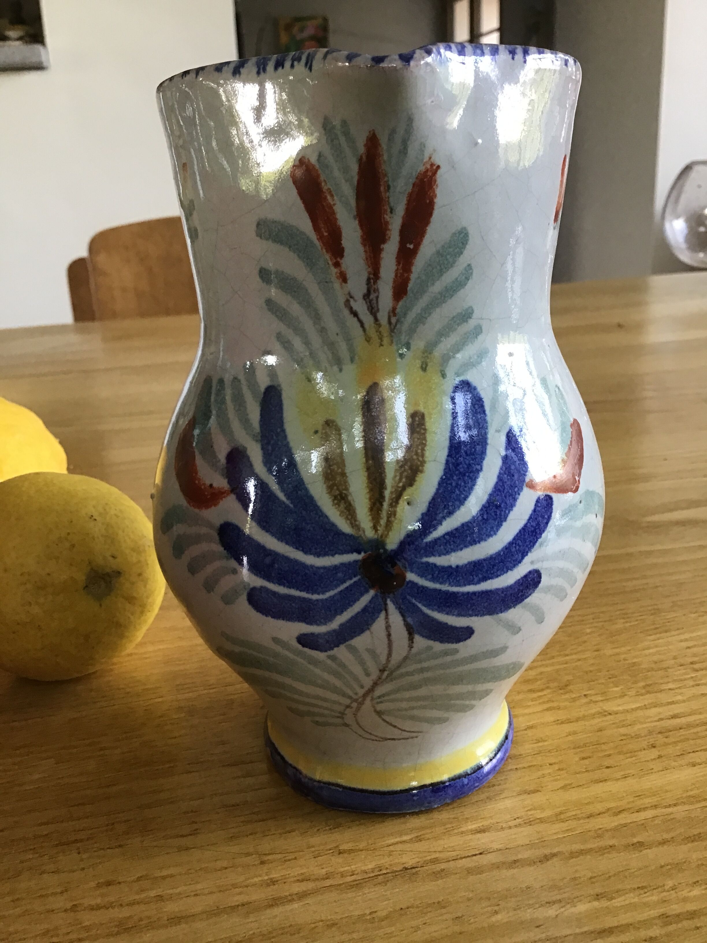 Earthenware pitcher with blue decor