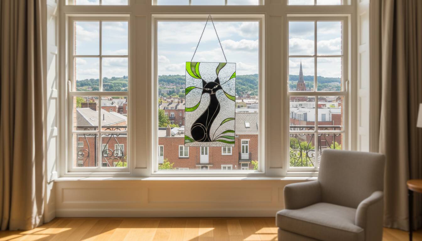 Vitrail chat – Style Tiffany fait main, panneau décoratif mural