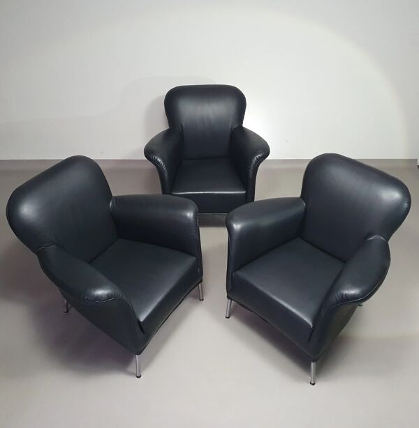 3 x fauteuil rare / modèle Turn / cuir noir / Bert Plantagie en parfait état.