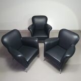3 x rare armchair / model Turn / black leather / Bert Plantagie in mint condition.