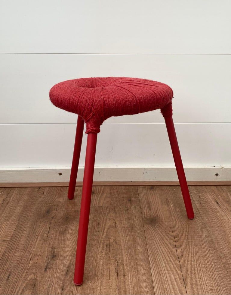 Ikea Red Metal and Wool Three pod Stool, Model Eskilstuna, 1990s