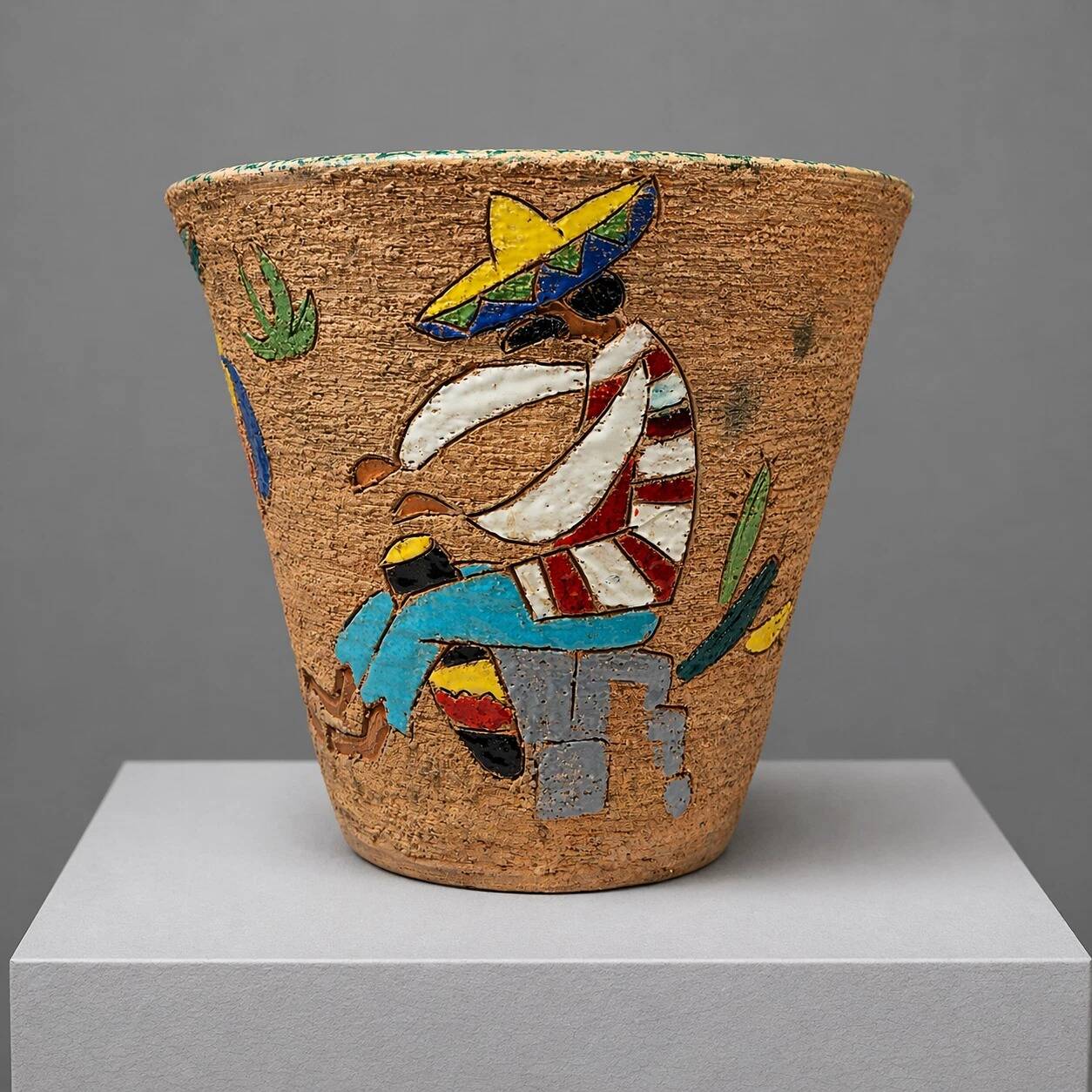 Glazed ceramic cache-pot with Mexican decoration – Art Deco – 20th century