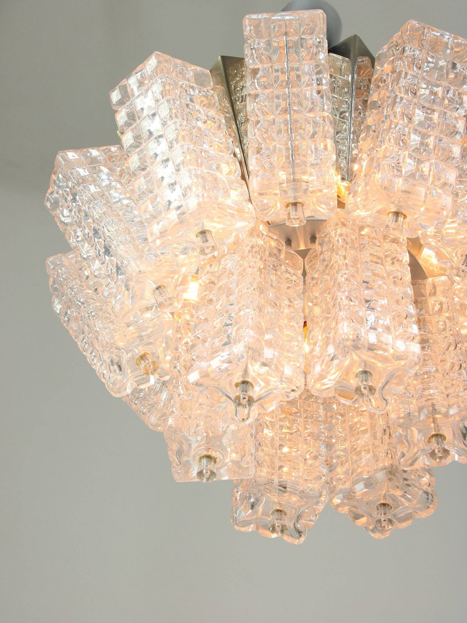 Vintage Austrolux Glass Chandelier: Mid-Century Chrome Pendant Light