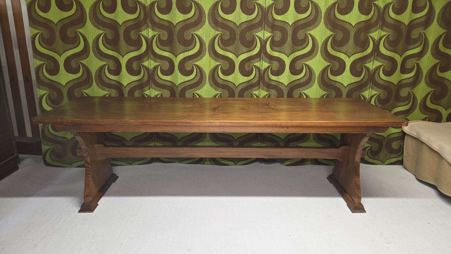 Large vintage table in solid pine, rustic brutalist, 70"