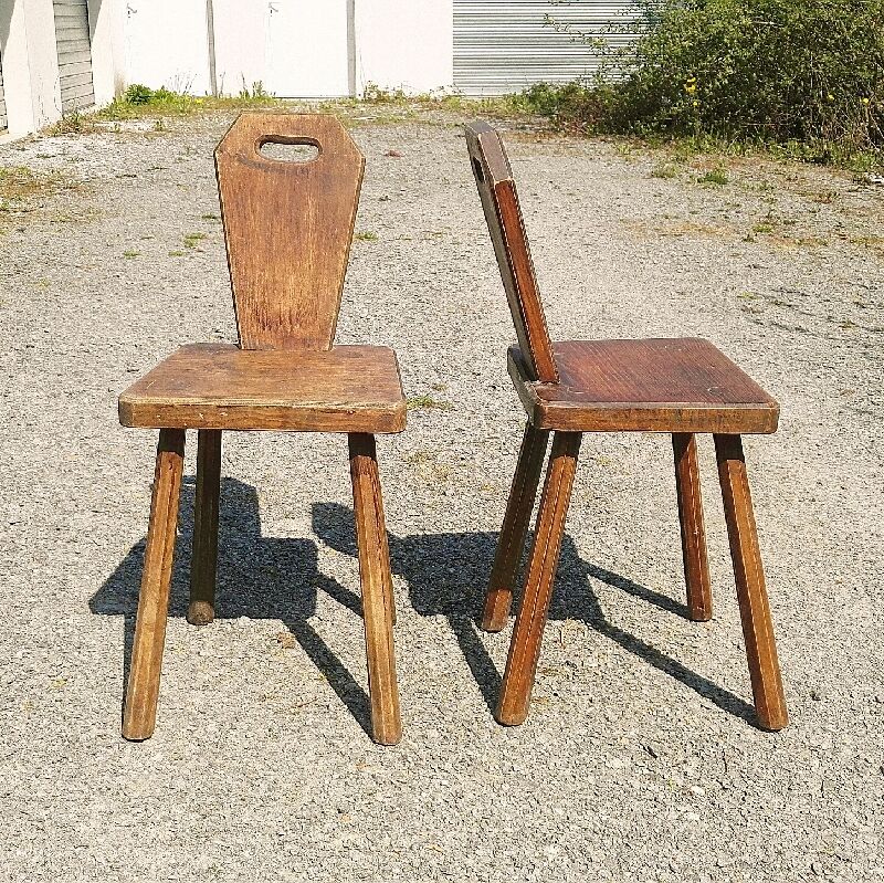 Pair of brutalist vintage chairs wood varnish countryside