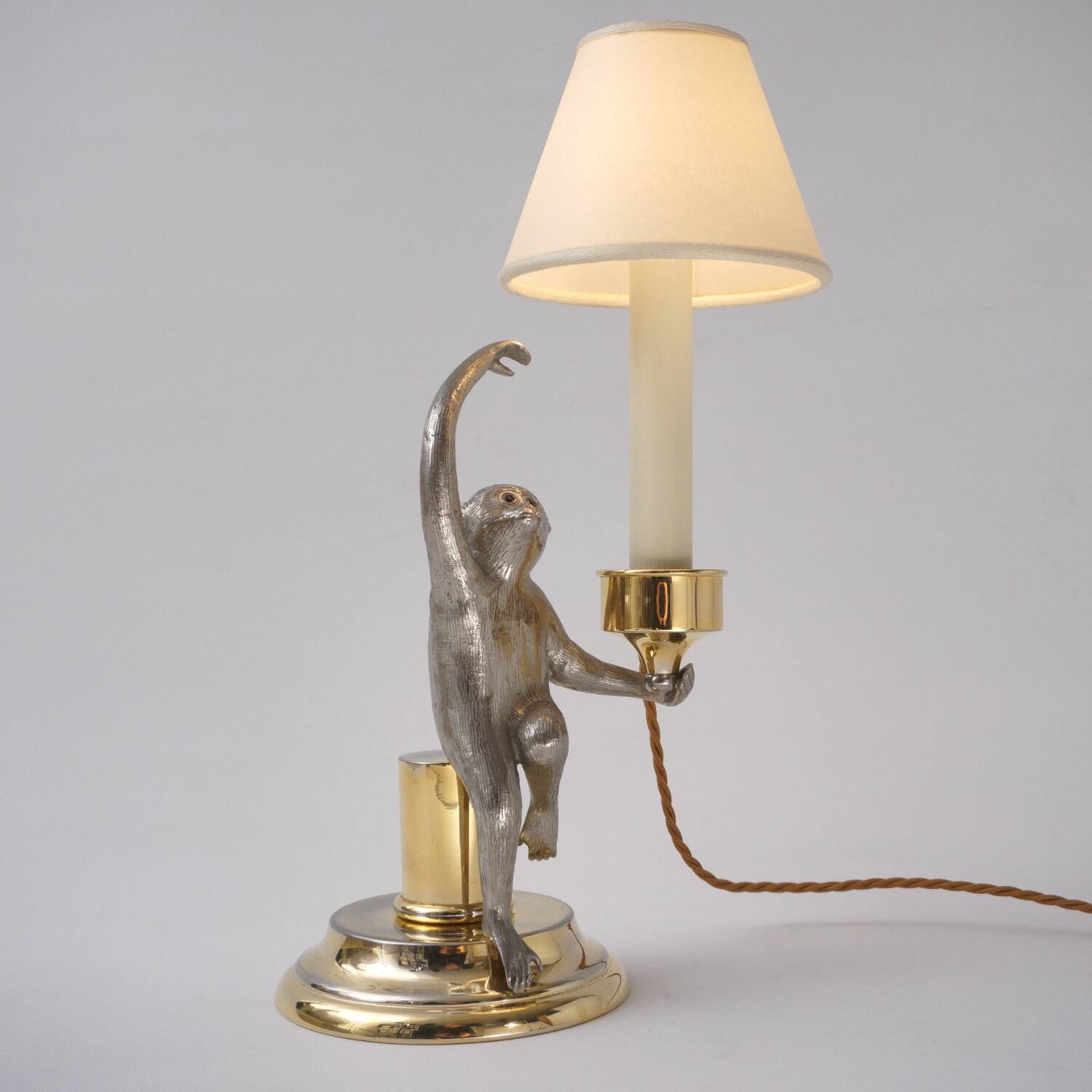 Hauy Pouigo Monkey candlestick table lamp silver plated bronze 1970's Italy