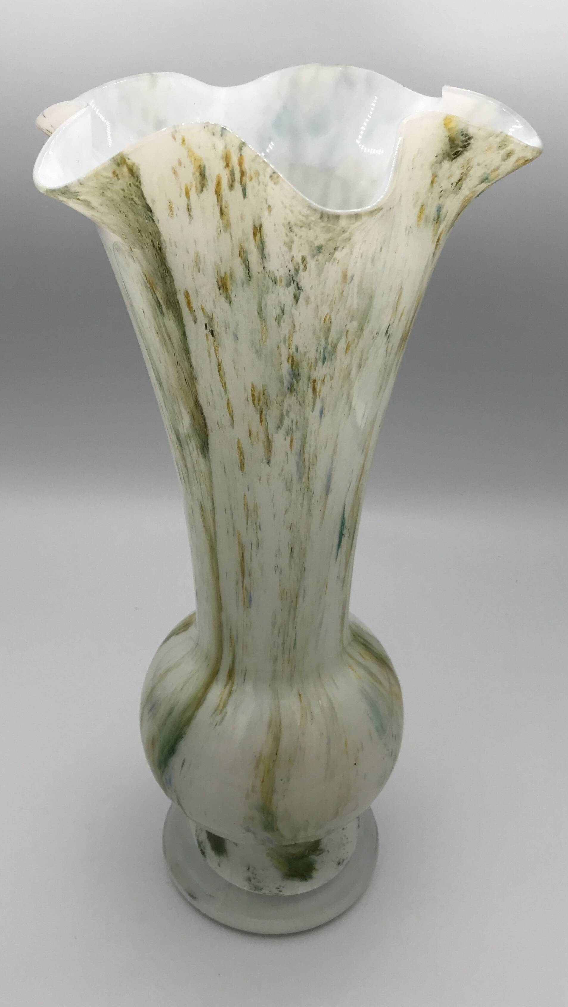Vase in white opaline blown glass and green, yellow, blue polychrome shades