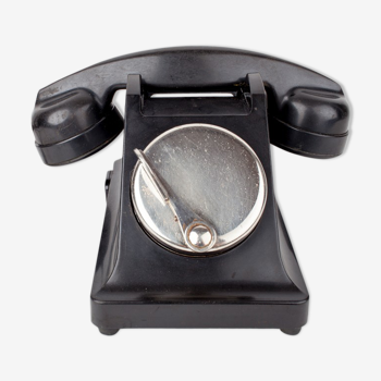 Ancien téléphone des ptt france en bakélite noir avec cadran à clapet 1960